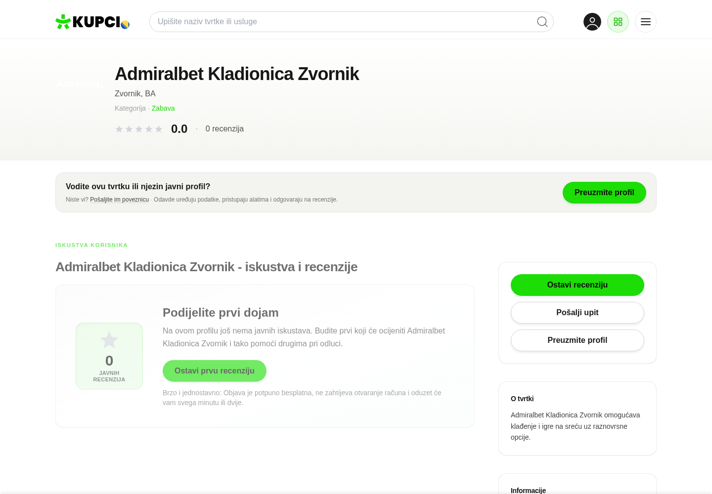 Snimak lokalnog profila poslovnice u Zvorniku bez javnih recenzija, provjeren 21. augusta 2026.