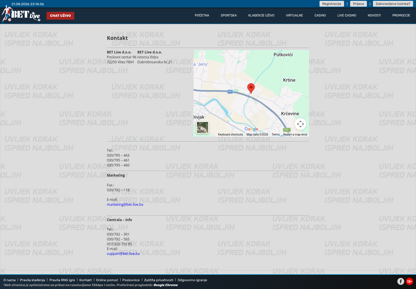 Snimak javne kontaktne stranice na domeni bet-live.ba