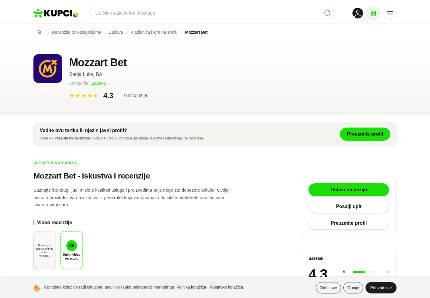 Snimak lokalnih korisničkih ocjena povezanih s Mozzart uslugom