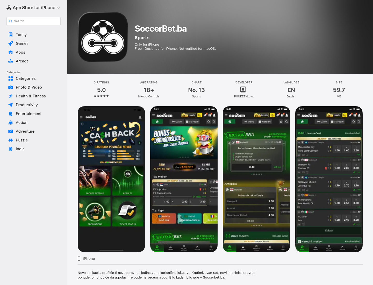 Snimak App Store zapisa koji povezuje SoccerBet.ba i PHUKET d.o.o.