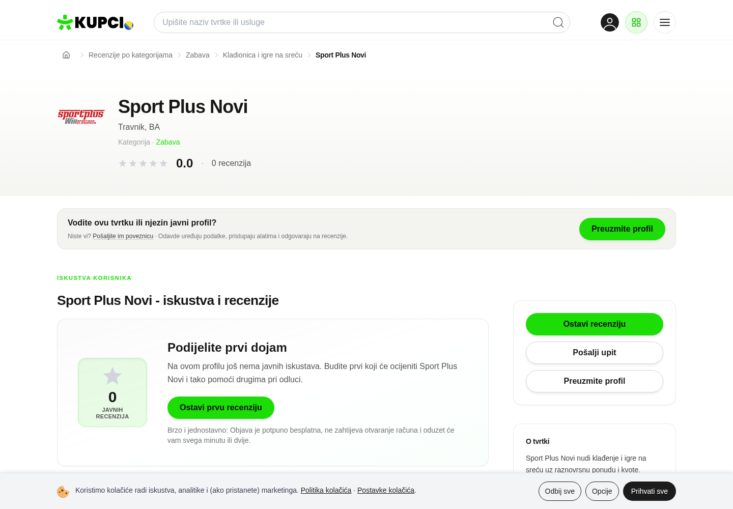 Snimak javnog profila s korisničkim ocjenama povezane poslovne prisutnosti